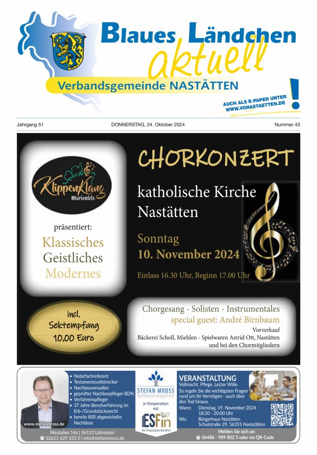 Blaues Ländchen aktuell - Heimat- u Bürgerzeitung VG Nastätten Titelblatt 43/2024