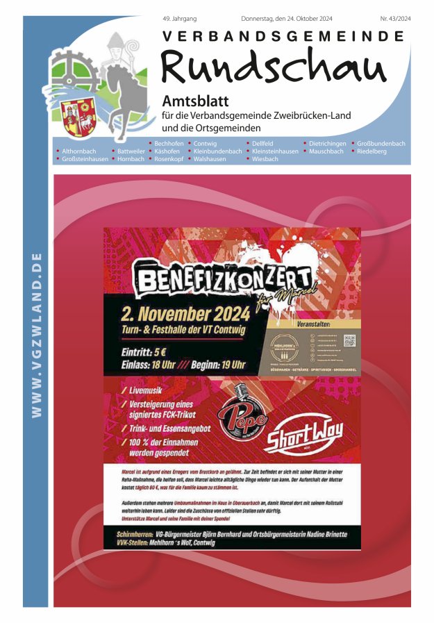 Verbandsgemeinde Rundschau Zweibrücken-Land Titelblatt 43/2024