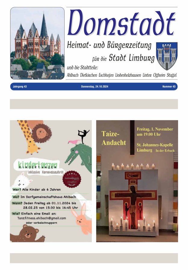 Domstadt - Heimat- und Bürgerzeitung für die Stadt Limburg Titelblatt 43/2024