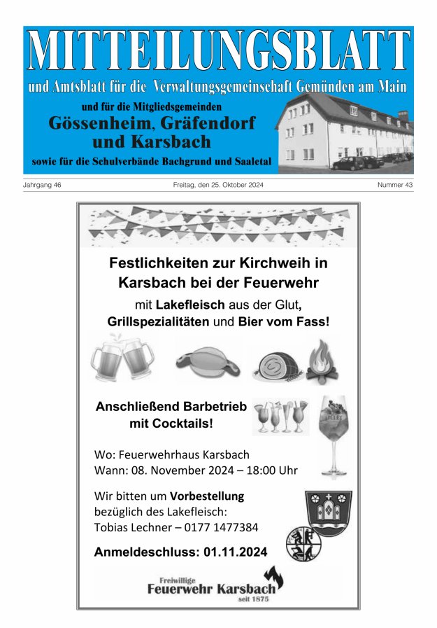 Mitteilungsblatt der VG Gemünden a Main Titelblatt 43/2024
