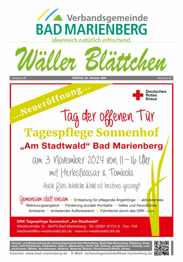 Wäller Blättchen - Verbandsgemeinde Bad Marienberg Titelblatt 43/2024