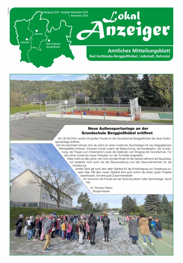 Lokal-Anzeiger - Amtliches Mitteilungsblatt Bad Gottleuba-Berggießhübel, Liebstadt, Bahretal Titelblatt 10/2024