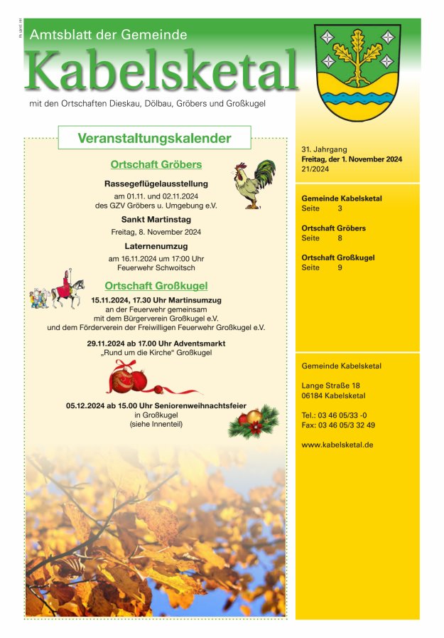 Amtsblatt der Gemeinde Kabelsketal mit den Ortsteilen Titelblatt 21/2024