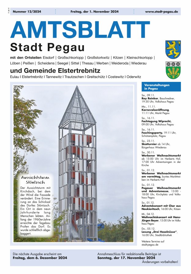 Amtsblatt Stadt Pegau und Gemeinde Elstertrebnitz  Titelblatt 12/2024