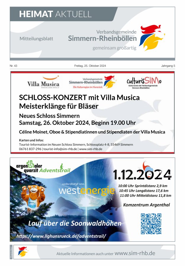 Heimat Aktuell Mitteilungsblatt der VG Simmern-Rheinböllen-Ausg Rheinböllen Titelblatt 43/2024