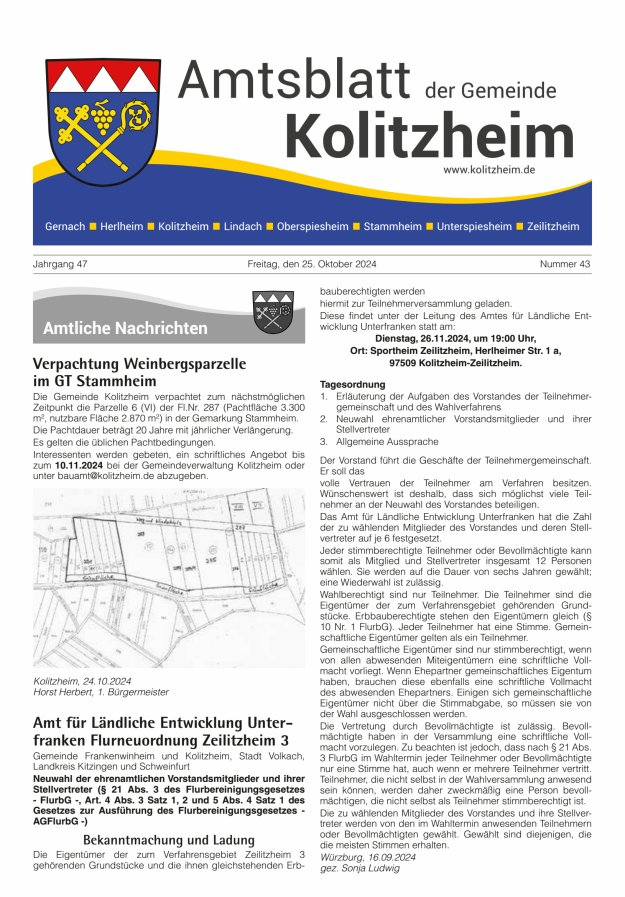 Amtsblatt der Gemeinde Kolitzheim Titelblatt 43/2024