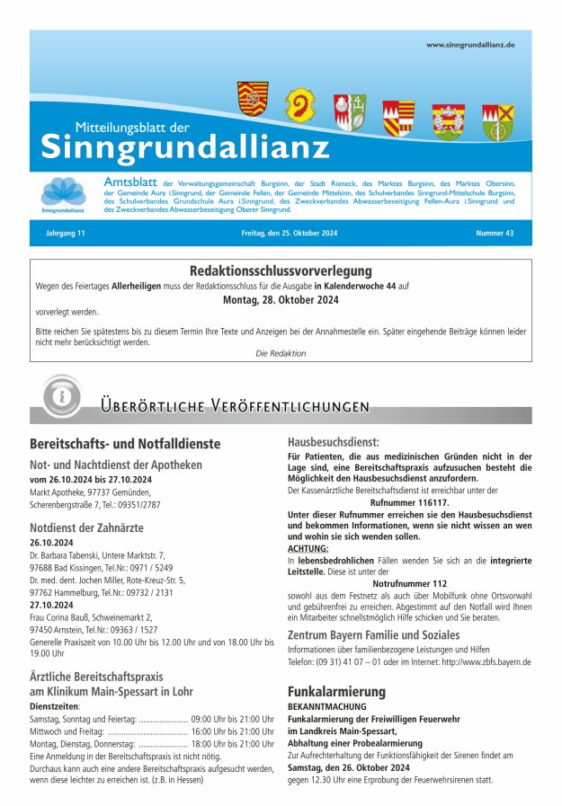 Mitteilungsblatt der Sinngrundallianz Titelblatt 43/2024