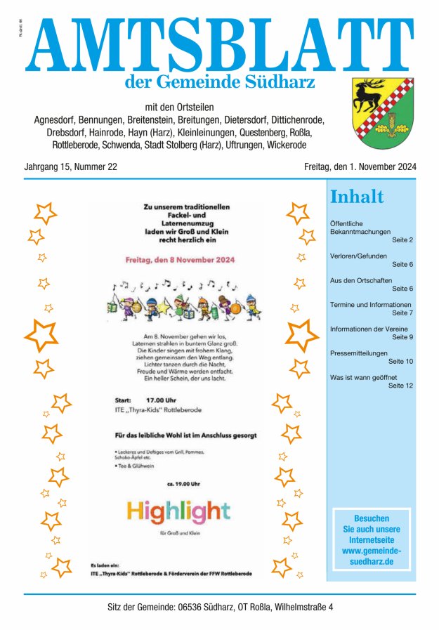 Amtsblatt der Gemeinde Südharz Titelblatt 22/2024