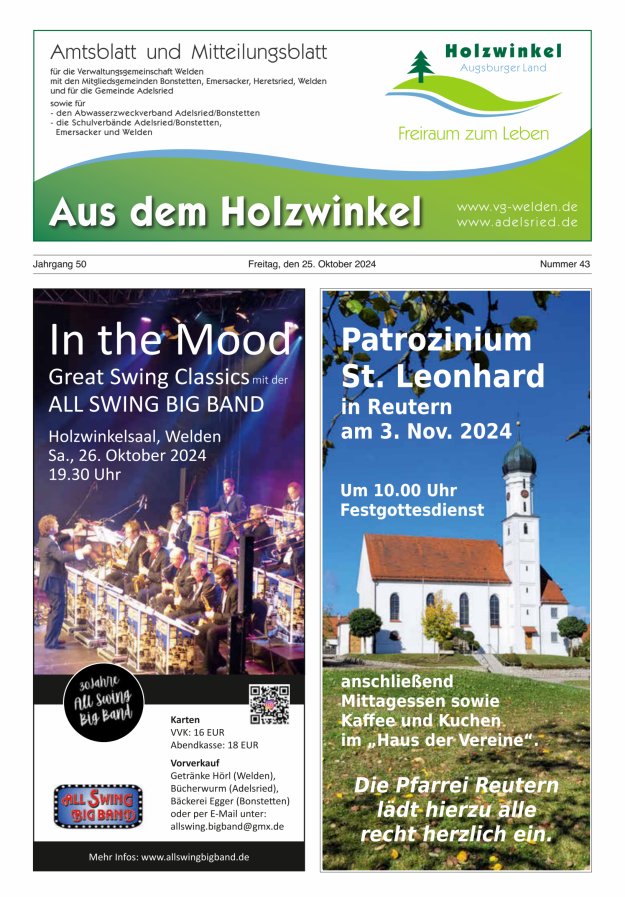 Aus dem Holzwinkel Amtsblatt u Mitteilungsblatt f VG Welden u GemAdelsried Titelblatt 43/2024