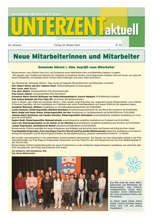 Unterzent aktuell Wochenzeitung für Höchst und Lützelbach Titelblatt 43/2024