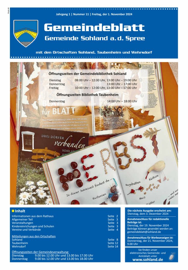 Amtsblatt der Gemeinde Sohland a. d. Spree mit den Ortschaften Sohland, Taubenheim und Wehrsdorf Titelblatt 11/2024