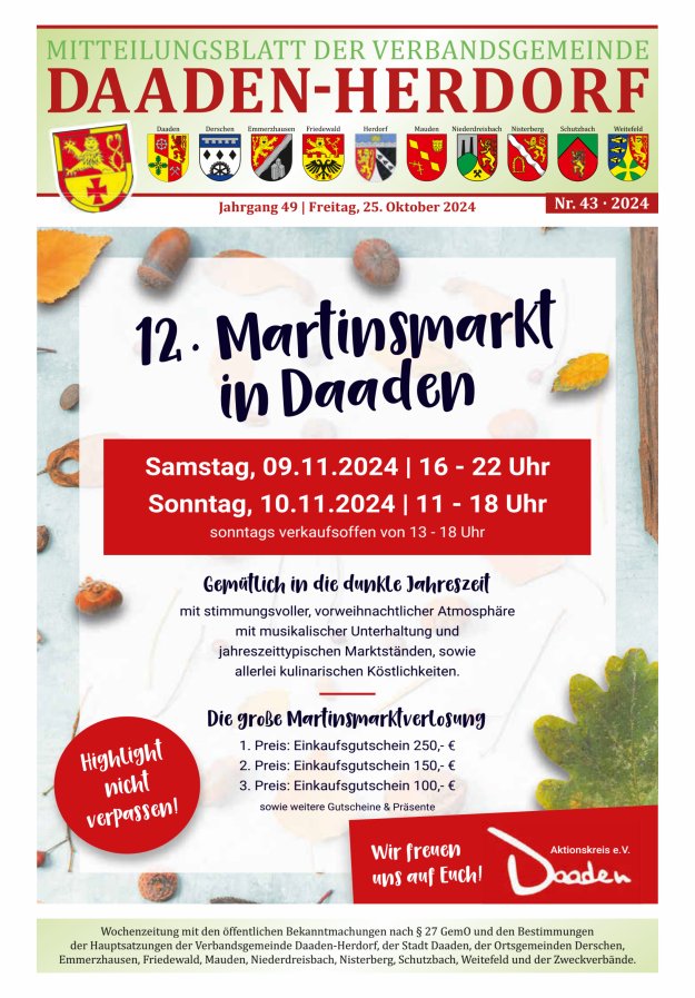 Mitteilungsblatt der Verbandsgemeinde Daaden-Herdorf Titelblatt 43/2024