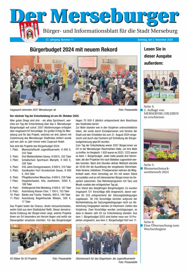 Der Merseburger - Bürger- und Informationsblatt für die Stadt Merseburg Titelblatt 11/2024