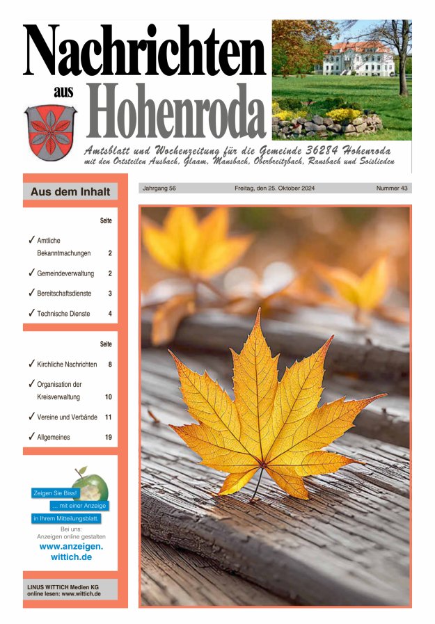 Nachrichten aus Hohenroda Titelblatt 43/2024