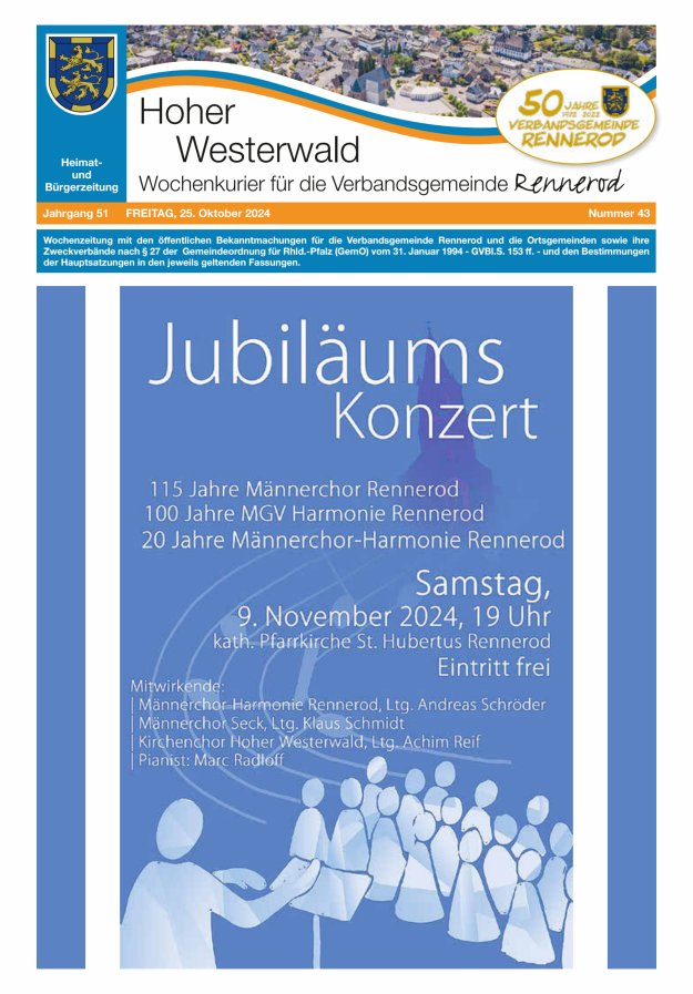 Hoher Westerwald - Wochenkurier für die Verbandsgemeinde Rennerod Titelblatt 43/2024