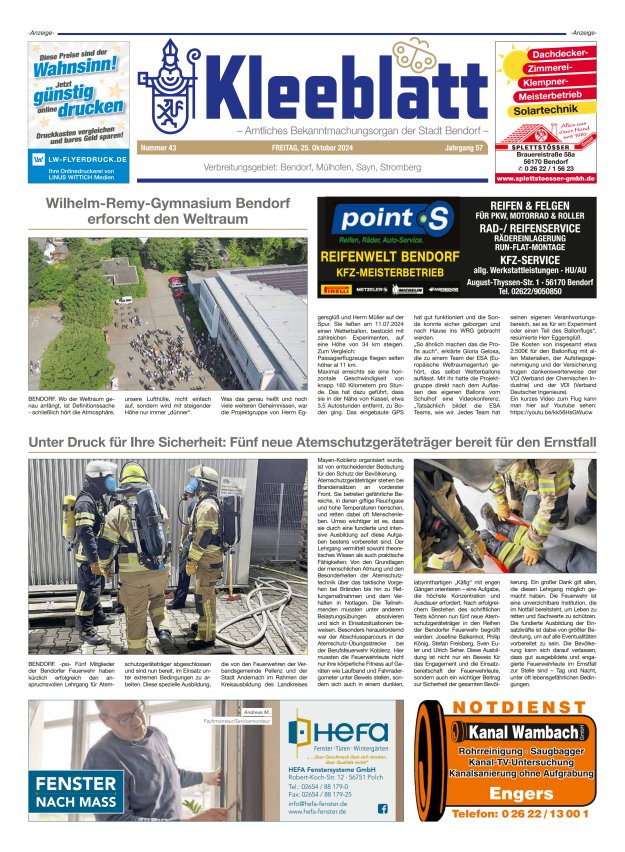 Kleeblatt - Amtliches Bekanntmachungsorgan der Stadt Bendorf Titelblatt 43/2024
