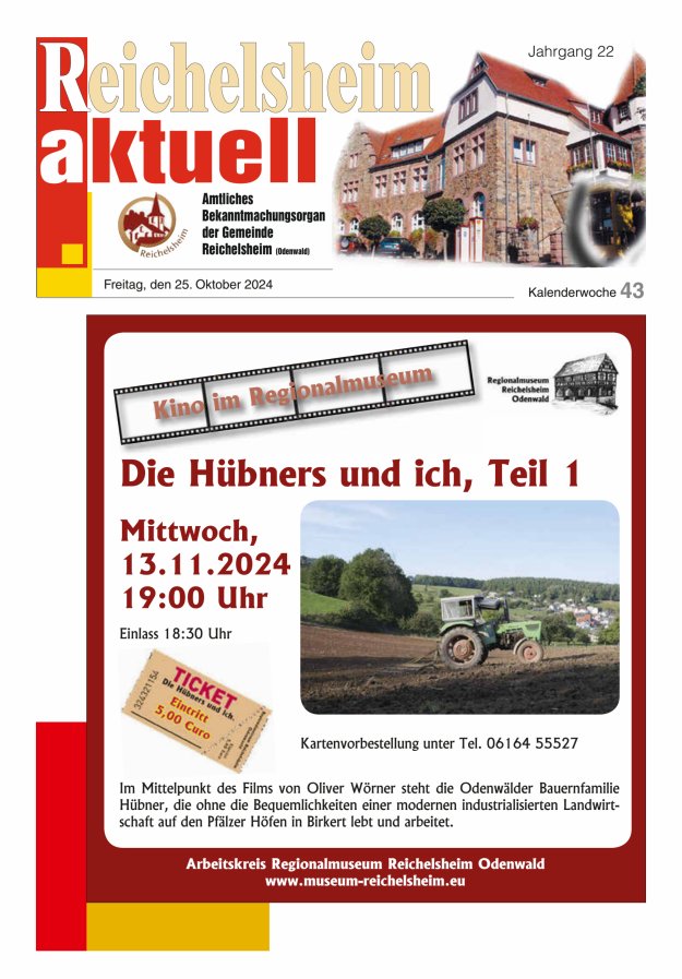 Reichelsheim aktuell - Amtsblatt der Gemeinde Reichelsheim(Odenwald) Titelblatt 43/2024