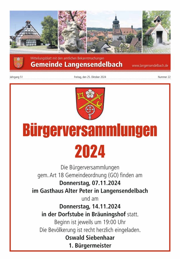 Mitteilungsblatt - Gemeinde Langensendelbach Titelblatt 22/2024