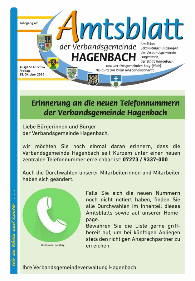 Amtsblatt der VG Hagenbach Titelblatt 43/2024