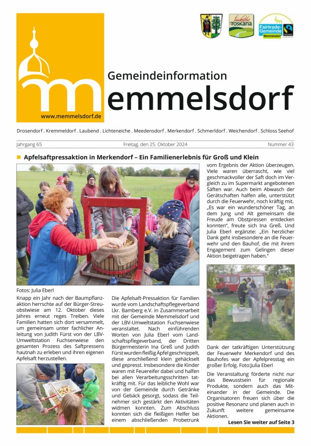 Mitteilungsblatt der Gemeinde Memmelsdorf Titelblatt 43/2024