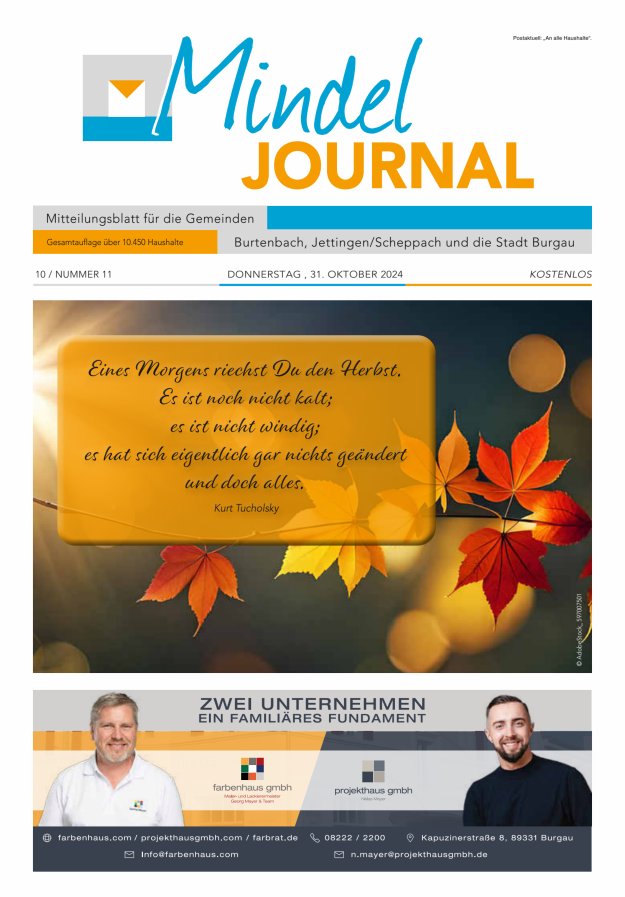 Mindeljournal Freies Blatt für Burgau Burtenbach Jettingen-Scheppach Titelblatt 11/2024