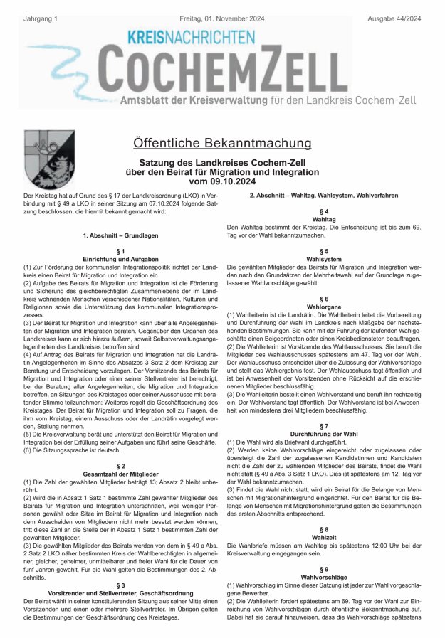 Kreisnachrichten Cochem-Zell Titelblatt 44/2024