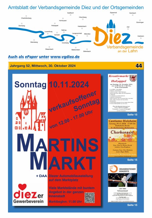 Mitteilungsblatt der Verbandsgemeinde Diez und der Ortsgemeinden Titelblatt 44/2024