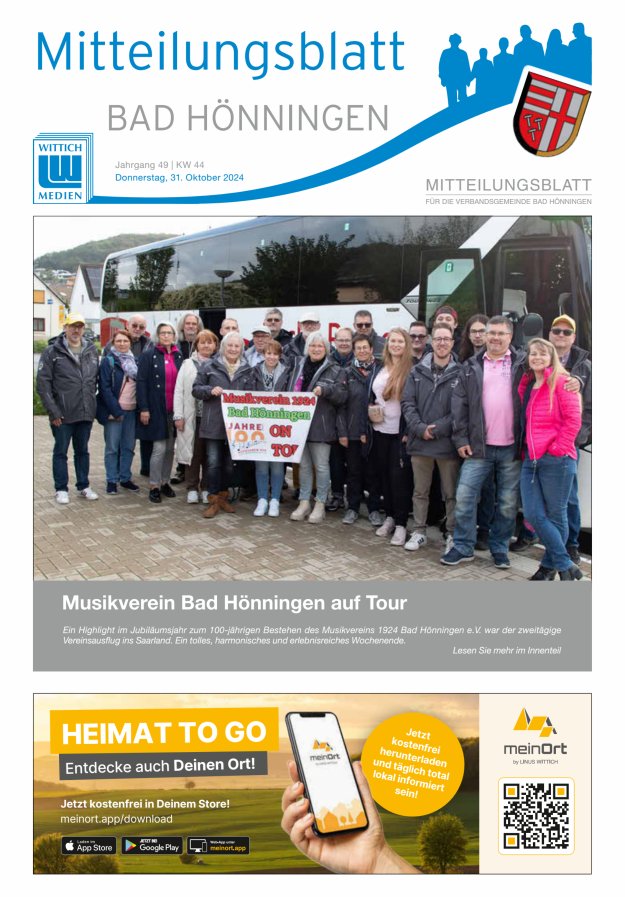 Mitteilungsblatt für den Bereich der Verbandsgemeinde Bad Hönningen Titelblatt 44/2024