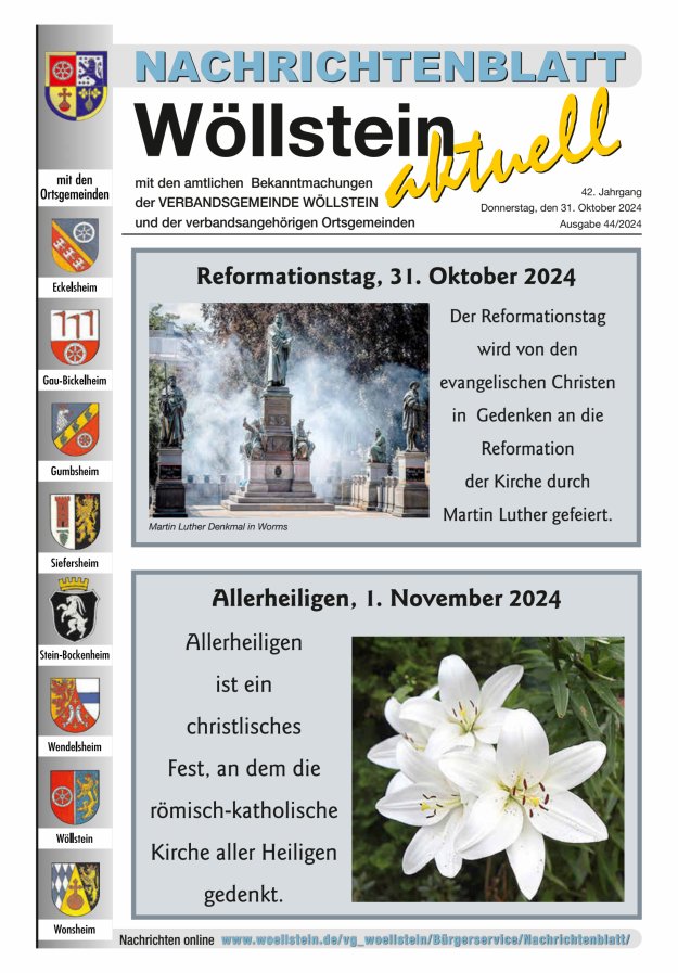 Nachrichtenblatt Wöllstein aktuell Titelblatt 44/2024