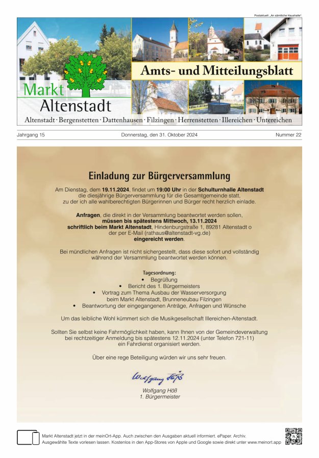 Amts- und Mitteilungsblatt des Marktes Altenstadt Titelblatt 22/2024