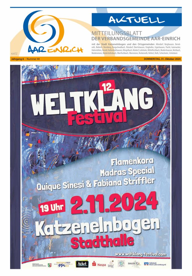 Mitteilungsblatt der Verbandsgemeinde Aar-Einrich Ausgabe Katzenelnbogen Titelblatt 44/2024