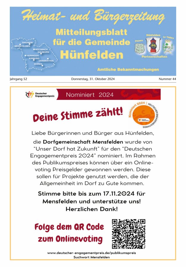 Mitteilungsblatt für die Gemeinde Hünfelden Titelblatt 44/2024