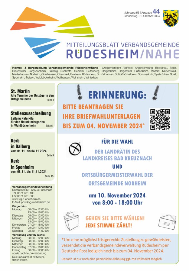 Mitteilungsblatt Verbandsgemeinde Rüdesheim und zugehörige Ortsgemeinden Titelblatt 44/2024