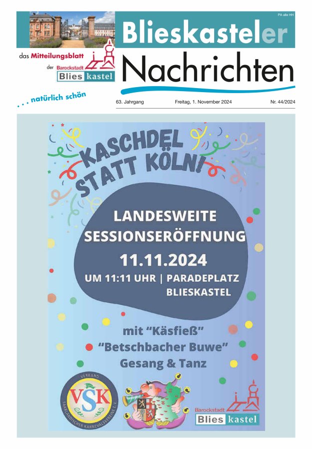 Blieskasteler Nachrichten  Titelblatt 44/2024