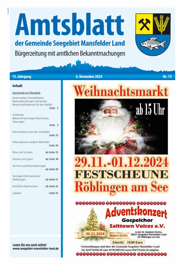 Amtsblatt der Gemeinde Seegebiet Mansfelder Land Titelblatt 15/2024
