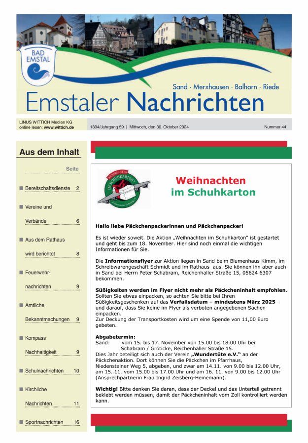 Emstaler Nachrichten Titelblatt 44/2024
