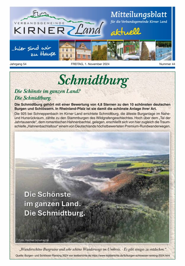 Mitteilungsblatt für den Bereich der Verbandsgemeinde Kirner Land Titelblatt 44/2024