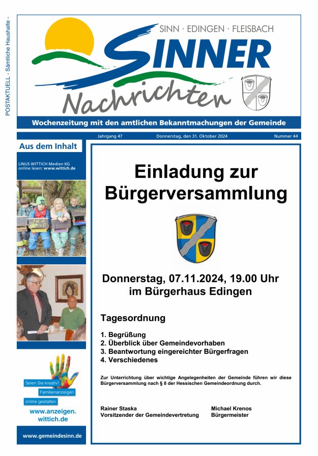 Sinner Nachrichten Titelblatt 44/2024