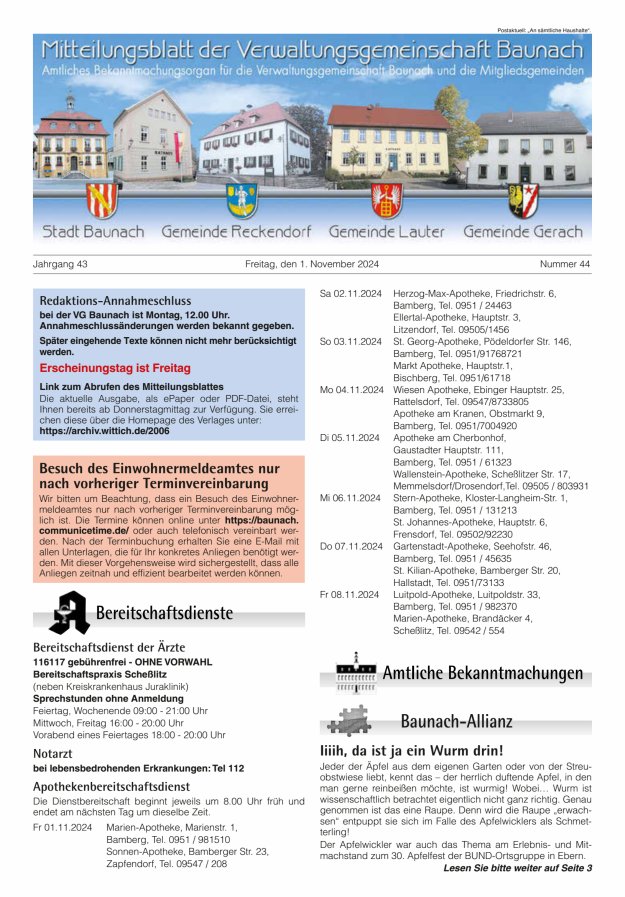 Mitteilungsblatt Verwaltungsgemeinschaft Baunach Titelblatt 44/2024