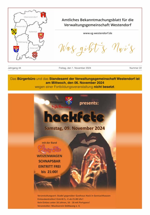 Was gibt's Nui's Amtliches Bekanntmachungsblatt für die VG Westendorf Titelblatt 22/2024