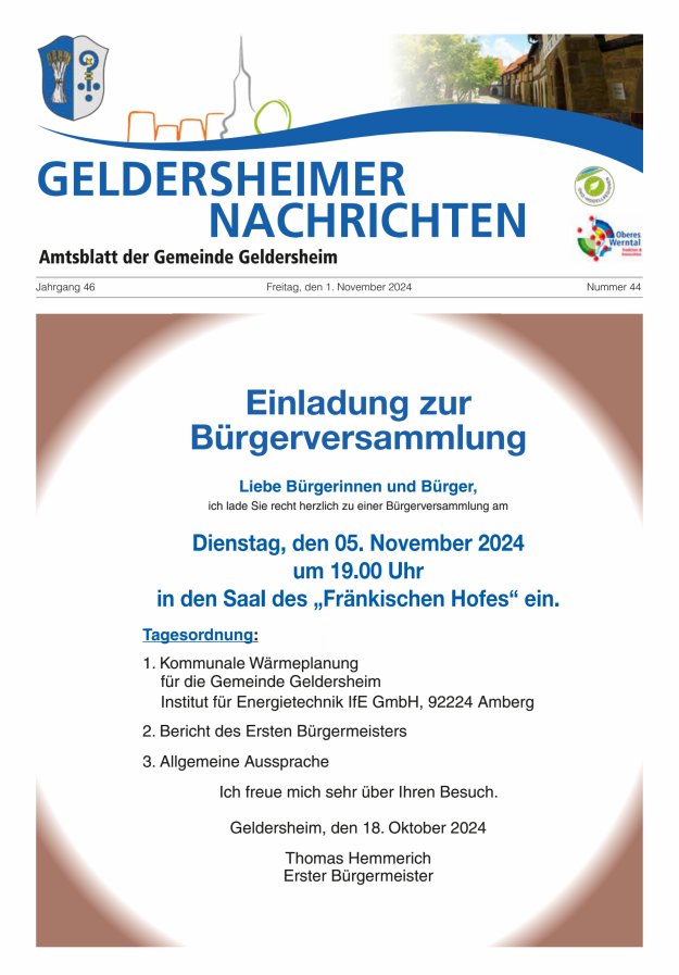 Geldersheimer Nachrichten Amtsblatt der Gemeinde Geldersheim Titelblatt 44/2024