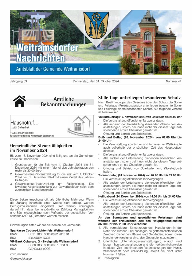 Weitramsdorfer Nachrichten Titelblatt 44/2024