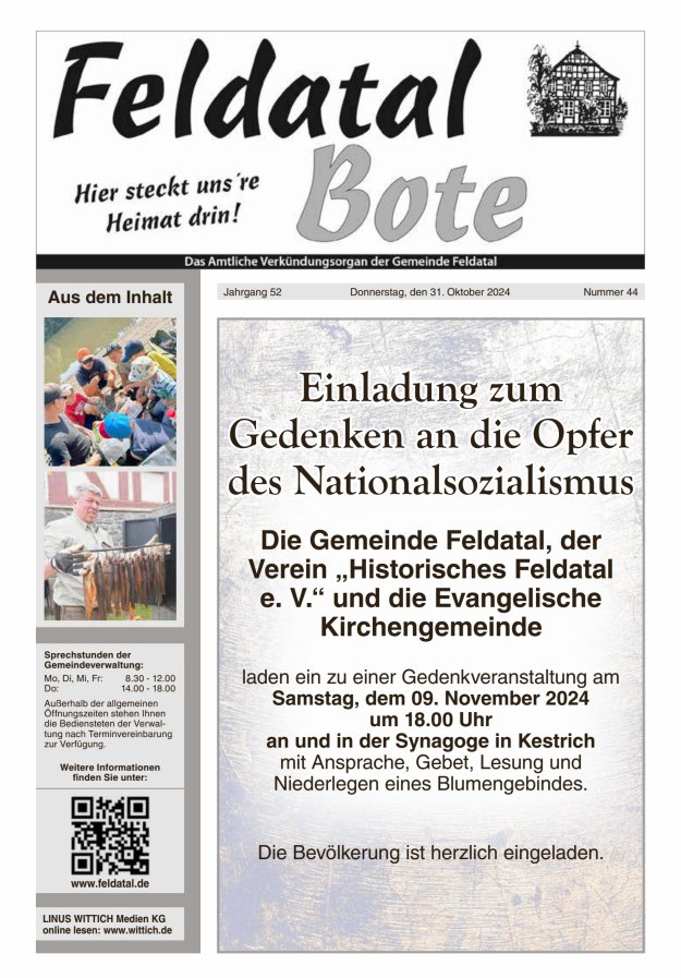 Das Amtliche Verkündungsorgan der Gemeinde Feldatal Titelblatt 44/2024