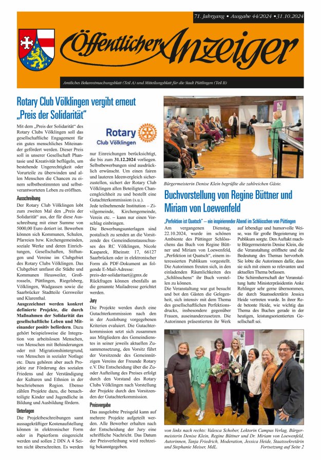 Öffentlicher Anzeiger - Stadt Püttlingen Titelblatt 44/2024