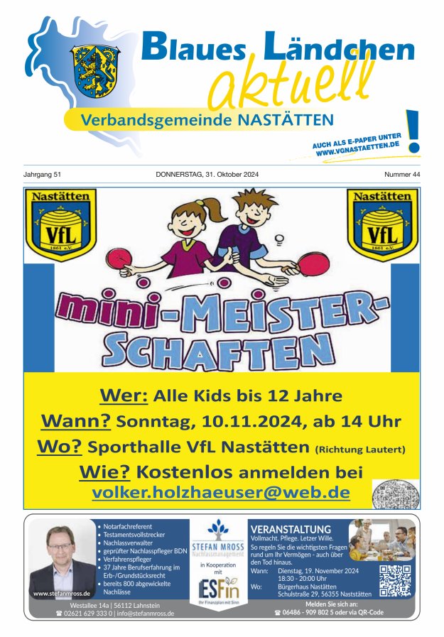 Blaues Ländchen aktuell - Heimat- u Bürgerzeitung VG Nastätten Titelblatt 44/2024