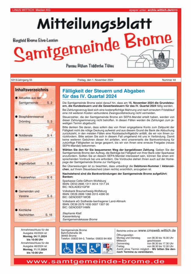 Mitteilungsblatt der Samtgemeinde Brome Titelblatt 44/2024