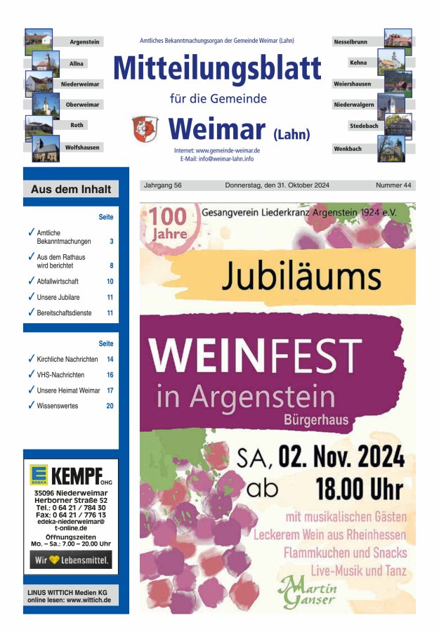 Mitteilungsblatt für die Gemeinde Weimar Titelblatt 44/2024