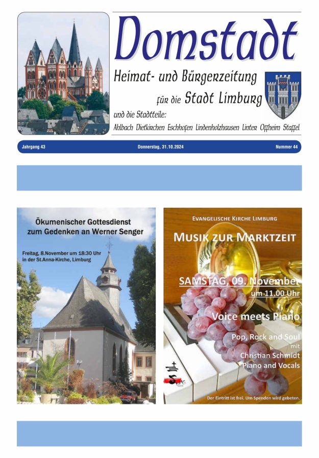 Domstadt - Heimat- und Bürgerzeitung für die Stadt Limburg Titelblatt 44/2024