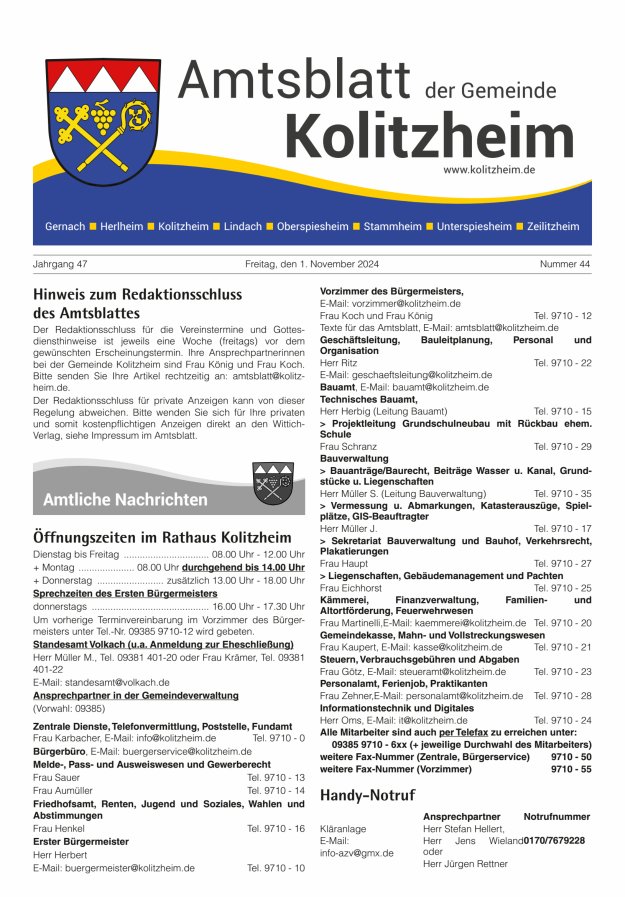 Amtsblatt der Gemeinde Kolitzheim Titelblatt 44/2024