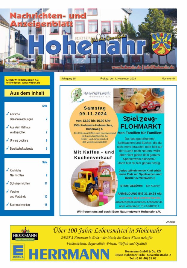 Nachrichten- und Anzeigenblatt für die Gemeinde Hohenahr Titelblatt 44/2024